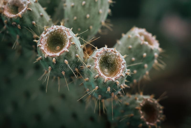 Nopal fruits or prickly pears with thorns in a composition for a retro desert background