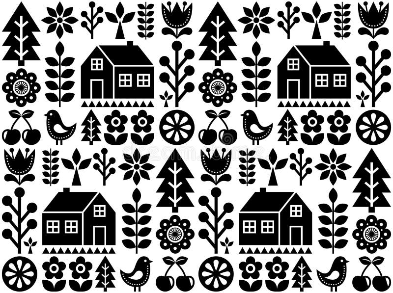 Nordic, Scandinavian inspired folk art seamless pattern - Finnish vector textile design in black and white