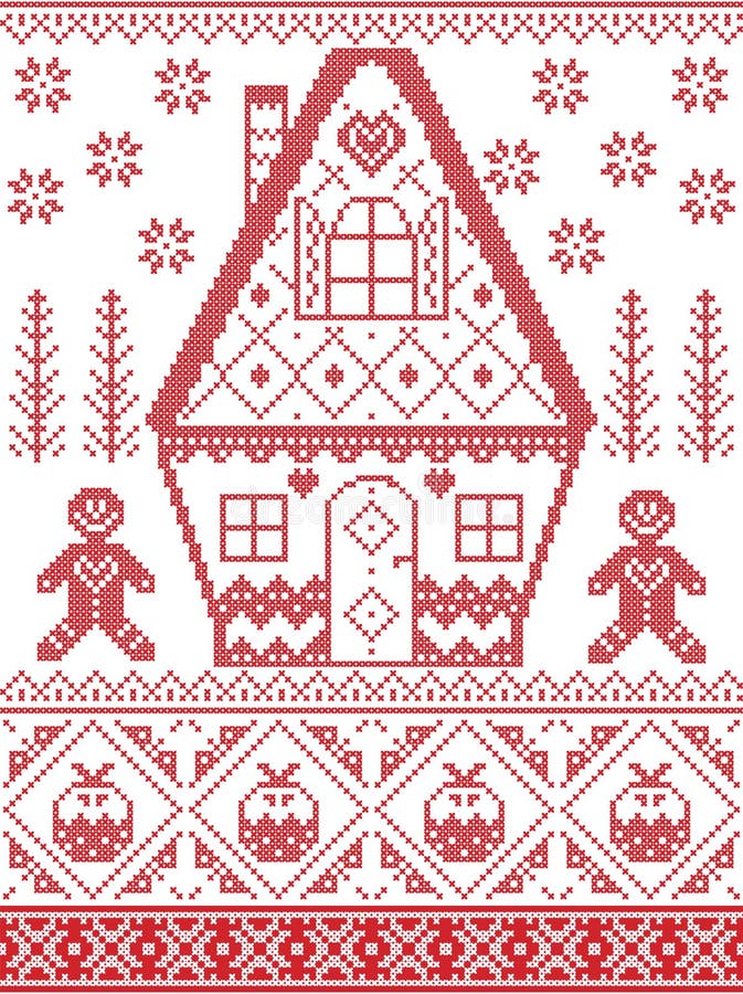 Nordic style and inspired by Scandinavian cross stitch craft Christmas pattern in red , white including heart, gingerbread house