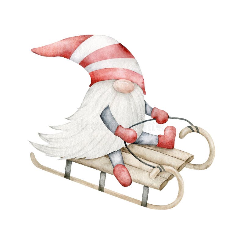 Nordic traditional gnome in a striped hat sledding. Funny New Year and Christmas Scandinavian Troll, dwarf. Hand