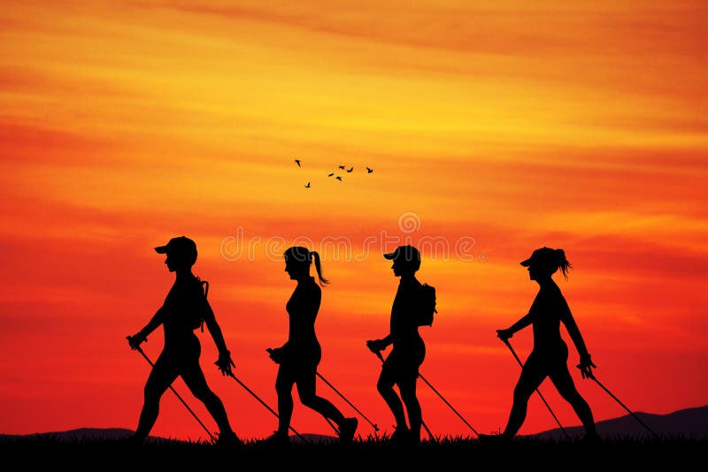 Nordic walking at sunset royalty free illustration