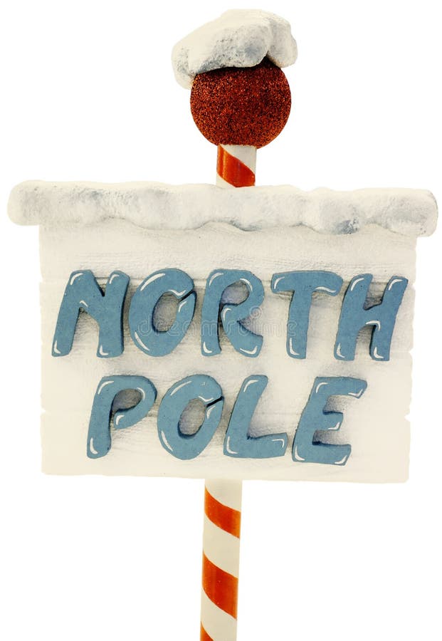 Photo of North pole sign snow covered and isolated on white background. Photo of North pole sign snow covered and isolated on white background