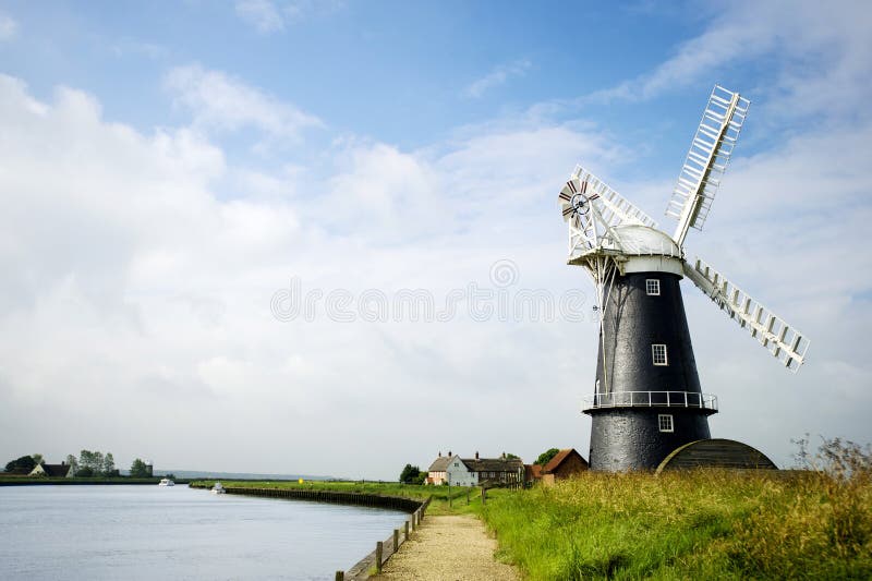 Norfolk Broads black and white windmill landscape