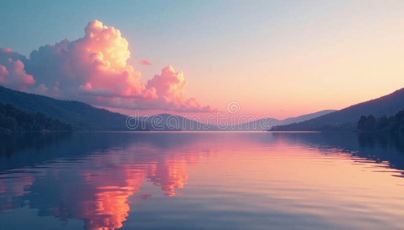 Nori pastel apus reflectat în calm lac de apă vedere liniștit moale moale stock illustration