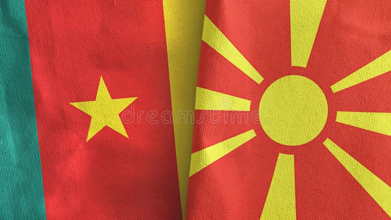 Normacedonia y camerún dos banderas trapo textil 3d renderización. Norte de macedonia y camerún dos banderas dobladas juntas 3d representación