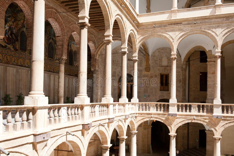 Courtyard of the Norman Palace - Castle in Palermo Sicily Italy. From the 8th Century this castle now serves as the government offices. Courtyard of the Norman Palace - Castle in Palermo Sicily Italy. From the 8th Century this castle now serves as the government offices.