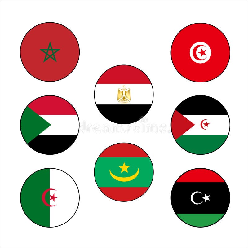 North Africa flag circle vector icon set authentic colors of Morocco, Tunisia, Algeria, Libya, Egypt, Western Sahara, Sudan, and M royalty free illustration