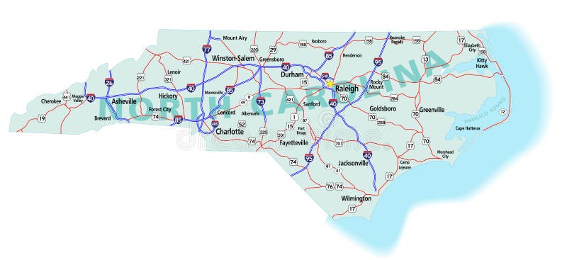 North Carolina state cestovní mapa s Interstates, a.