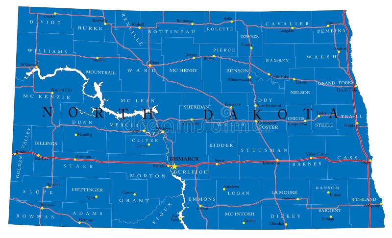 Nd Time Zone Map North Dakota State Political Map Stock Vector Illustration Of Williston City 181967916
