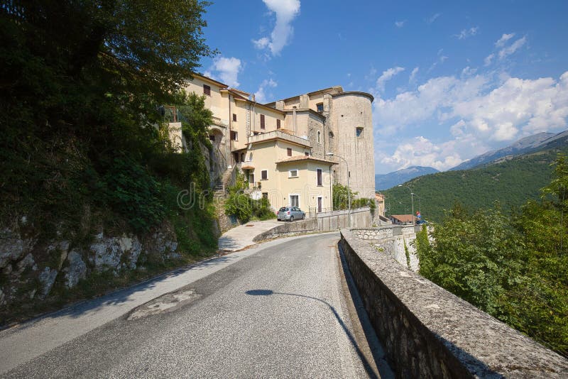 The north-east side of Picinisco with a tower of the old city fortifications, seen from Via Fuori le Mura royalty free stock photos The north-east side of Picinisco with a tower of the old city fortifications, seen from Via Fuori le Mura royalty free stock photos