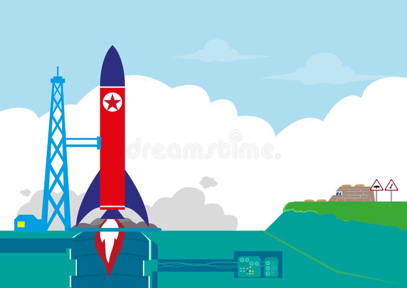 North Korea or NoKor tests its Ballistic Missile or Rocket Orbit Satellite concept. Editable Clip Art.