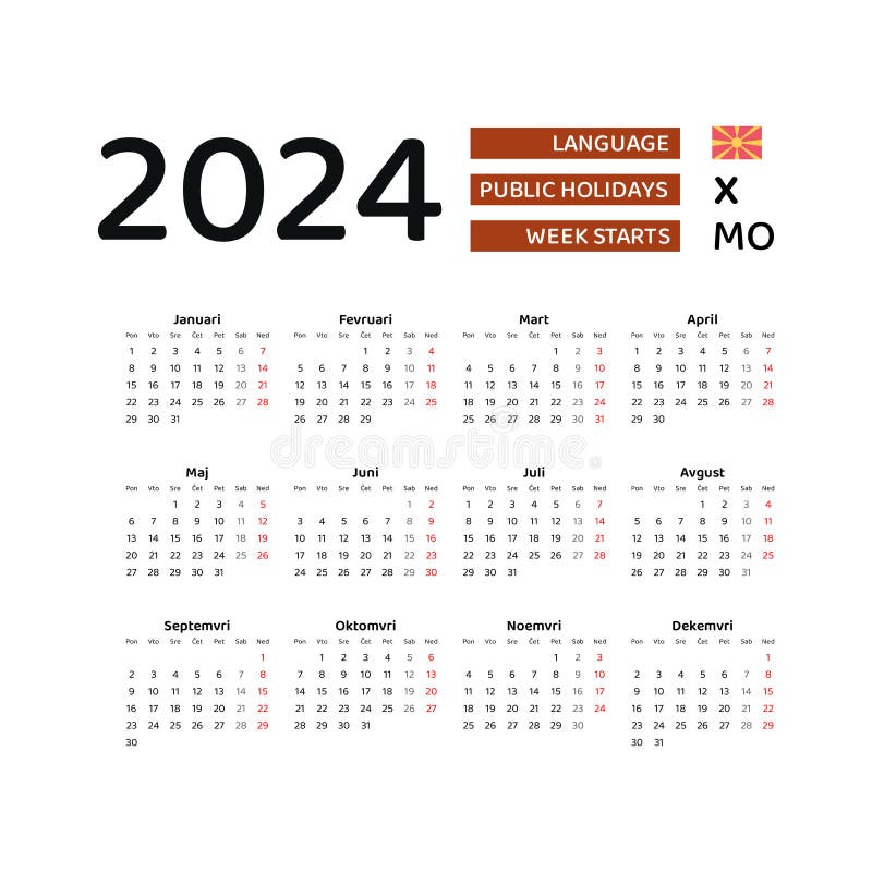 North Macedonia Calendar 2024. Week Starts from Monday. Vector Graphic