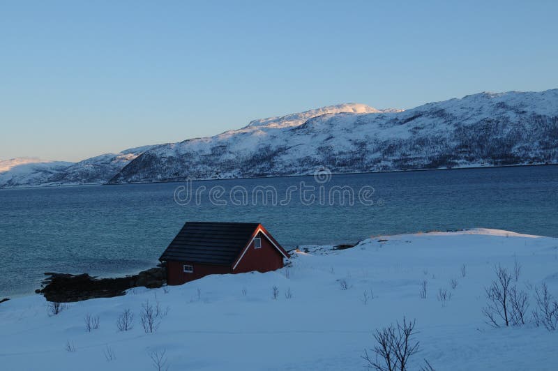 The snow-covered landscape in Kvaloya - north Norway.