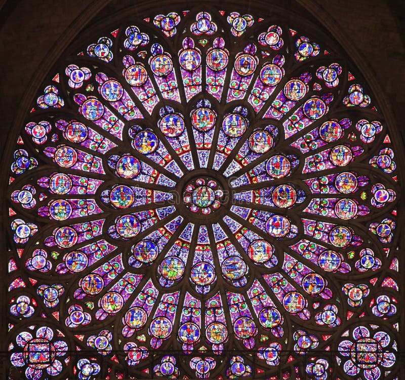 The North Rose stained glass window at Notre Dame de Paris Cathedral, France