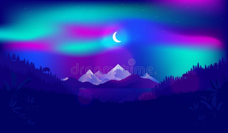 Northern light and moon over mountain