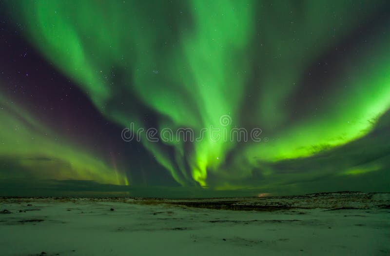 Northern lights above snowy land.