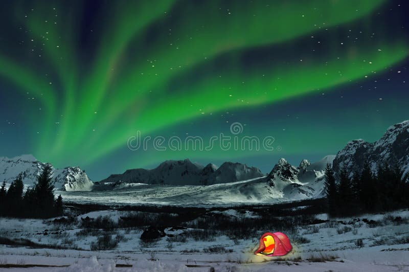 Northern Lights and camp tent, Iceland stock photography Northern Lights and camp tent, Iceland stock photography