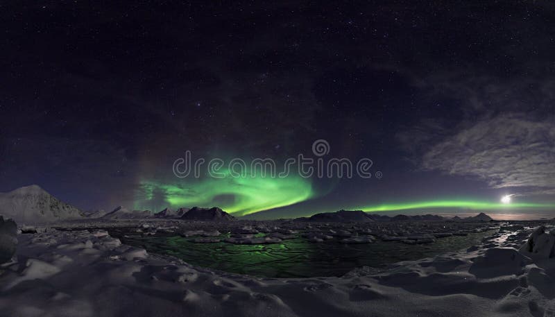 Northern lights over the frozen fjord - PANORAMA