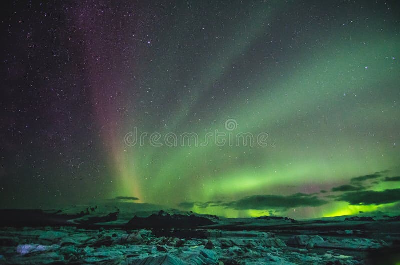 Northern Lights Over the Ice Lagoon, Iceland Stock Image - Image of