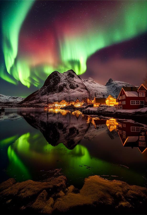 Northern Lights Over a Village in Norway. AI Generated. Stock