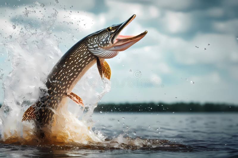 Northern pike jumping out of the water vector illustration