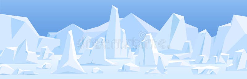 Northern polar landscape with icebergs in snow. Arctic ice bergs, glaciers at North Pole. Panoramic view of cold nature