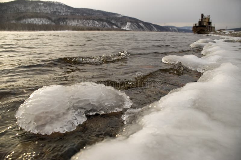 Northern, Siberian river in the winter.