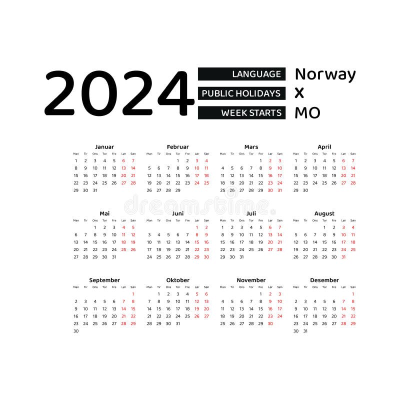 Norway Calendar 2024. Week Starts from Monday. Vector Graphic Design