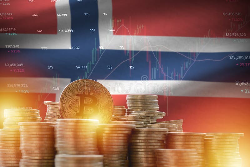 Norway flag and big amount of golden bitcoin coins and trading platform chart. Crypto currency concept