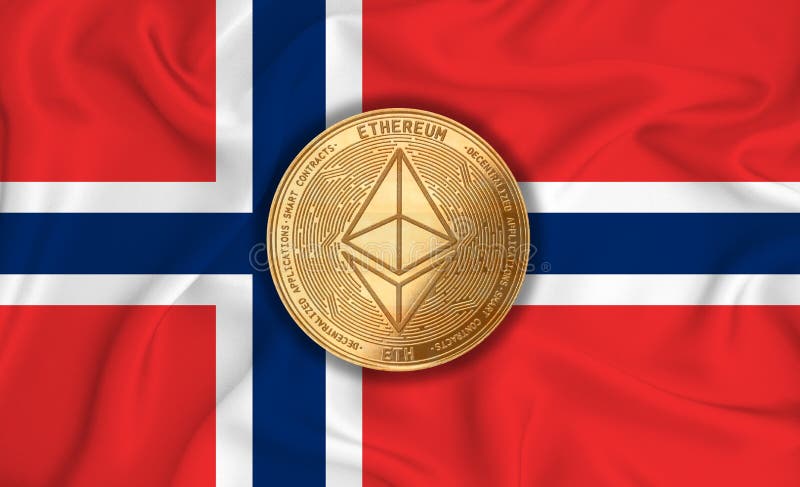 Norway flag  ethereum gold coin on flag background. The concept of blockchain  bitcoin  currency decentralization in the country. 3d-rendering