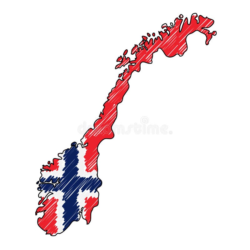 Norway map hand drawn sketch. Vector concept illustration flag, childrens drawing, scribble map. Country map for vector illustration Norway map hand drawn sketch. Vector concept illustration flag, childrens drawing, scribble map. Country map for vector illustration