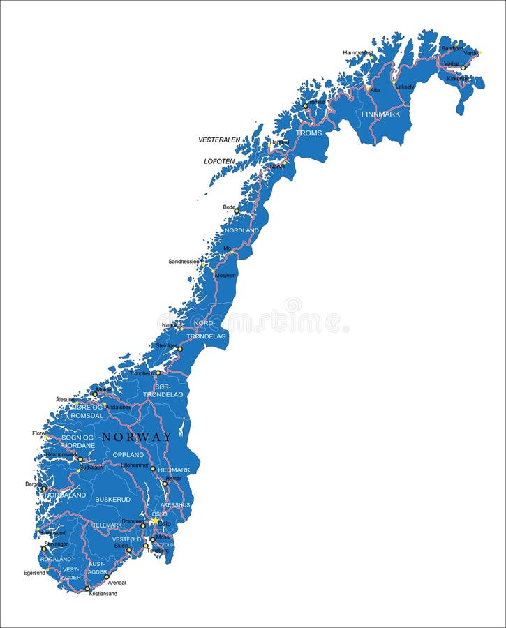 Alto detallado de Noruega correctamente regiones, principal ciudades a carreteras.