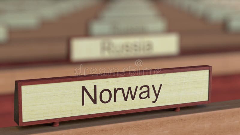 Norway name sign among different countries plaques at international organization. 3D rendering stock illustration