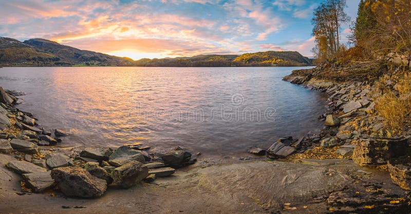 Norwegian Autumn Sunset Landscape Stock Photo Image Of Forest