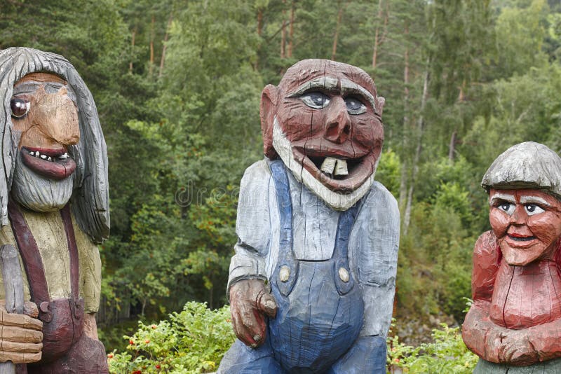 Norwegian carved wooden troll sculptures. Scandinavian folklore.
