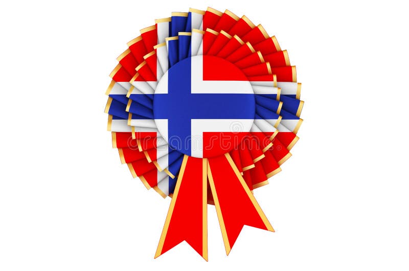 Norwegian Flag Painted on the Award Ribbon Rosette. 3D Rendering Stock