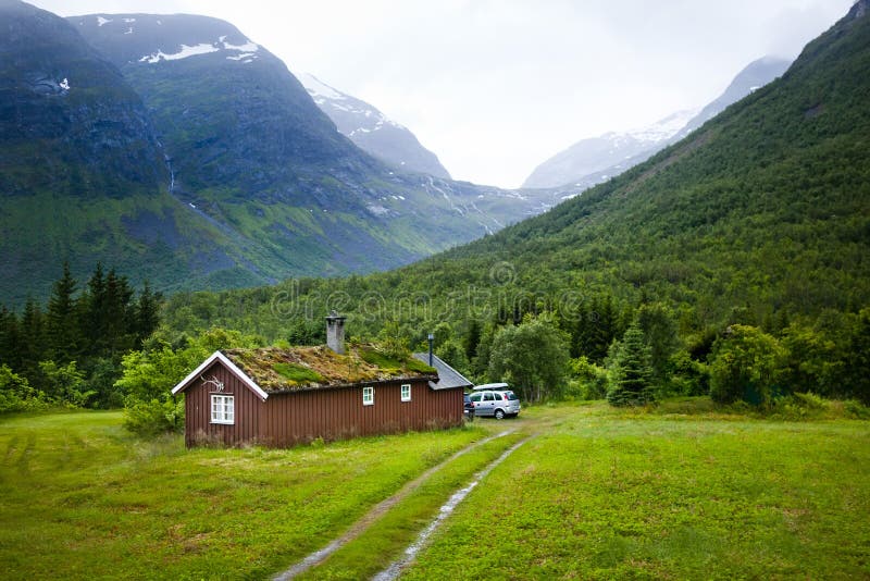 Norwegian House and Mountains Stock Photo Image of landscape