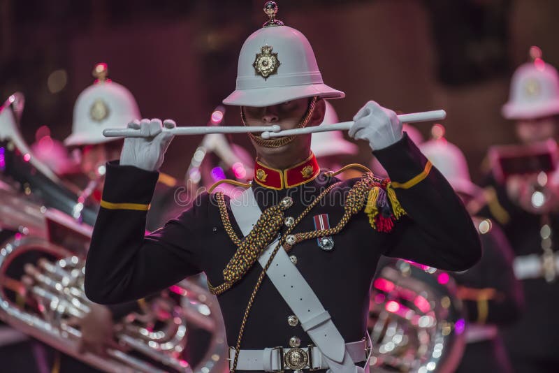 From Oslo Spektrum 8 May 2014. Closed performance to celebrate the Liberation Day & Veterans' Day. Massed Bands of Her Majesty's Royal Marines Collingwood and Scotland, with their stylish uniforms and their characteristic white helmets. The Royal Marines Band Service is world renowned for the quality of its music, visual splendour and meticulous attention to detail on parade. From Oslo Spektrum 8 May 2014. Closed performance to celebrate the Liberation Day & Veterans' Day. Massed Bands of Her Majesty's Royal Marines Collingwood and Scotland, with their stylish uniforms and their characteristic white helmets. The Royal Marines Band Service is world renowned for the quality of its music, visual splendour and meticulous attention to detail on parade