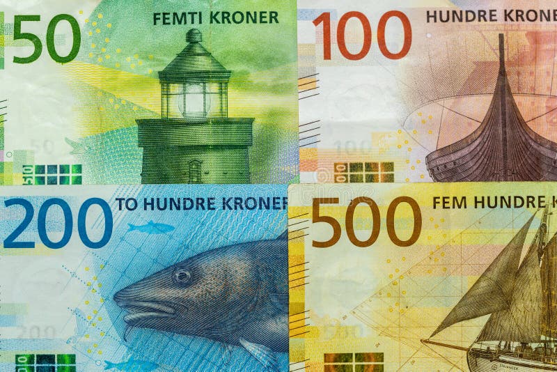 Norway currency, 50,100,200 and 500 Kronor Banknotes, Close-up, Top View, Financial Background. Norway currency, 50,100,200 and 500 Kronor Banknotes, Close-up, Top View, Financial Background