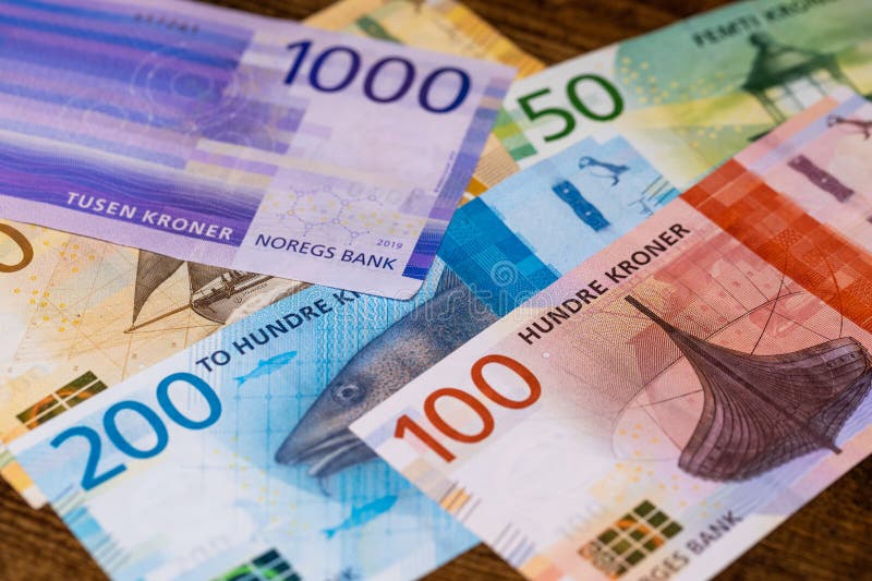 Norwegian money lying on the table, Norway currency, Finance and home budget concept, Flat lay,close up, Financial and business background