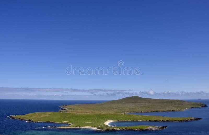 View of the isle of Noss, a National Nature Reserve, from Ander Hill, Bressay, Shetland Isles, Scotland