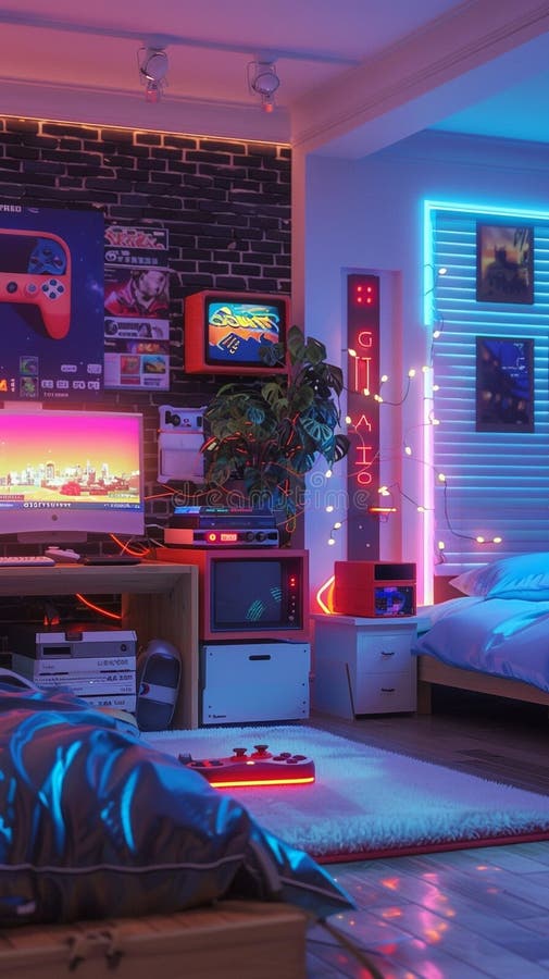 Nostalgic Bedroom with Retro Gaming Consoles and Neon Accents Stock