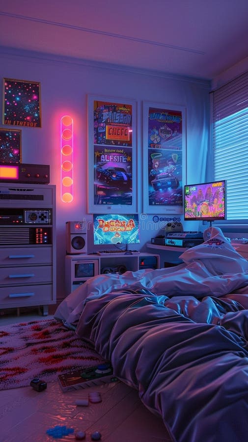Nostalgic Bedroom with Retro Gaming Consoles and Neon Accents Stock