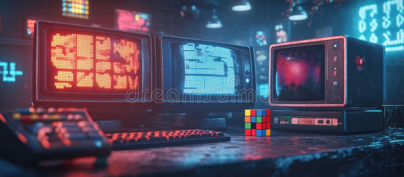Nostalgie futuristă : modele retrodigitale pixelate cu cub rubiks și control joystick în camera întunecată cu acces neon vector illustration