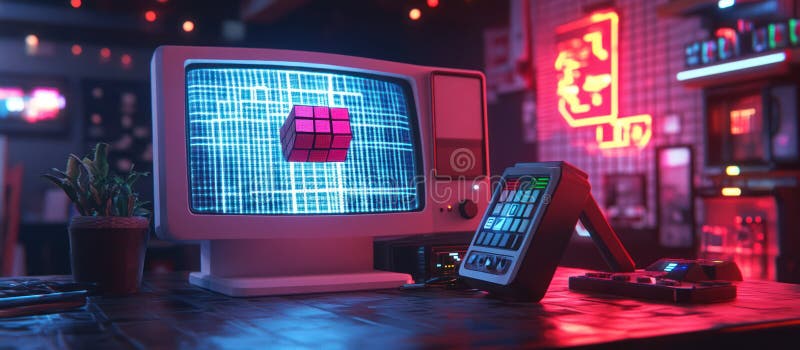Nostalgie futuristă : modele retrodigitale pixelate cu cub rubiks și control joystick în camera întunecată cu acces neon stock illustration