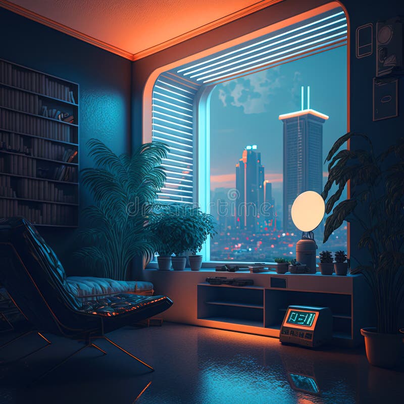 Nostalgischer Retro-Raum im 80er-Jahre-Synthwave- oder Cyberpunk-Stil. futuristisches Neoninnere der 90er Jahre stockbilder