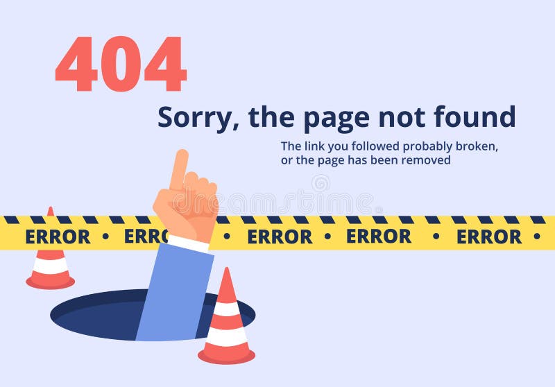 Not found concept. 404 error page design with hand holding message. Vector background stock illustration