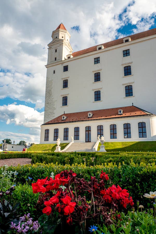 Not ordinary view of Bratislava castle from behind back yard part of castle garden