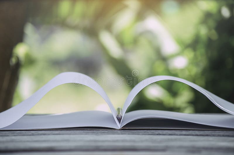 Nota blanca del libro y lápiz amarillo en el piso de madera viejo, blanco en el fondo de hojas verdes fotos de archivo libres de regalías Nota blanca del libro y lápiz amarillo en el piso de madera viejo, blanco en el fondo de hojas verdes fotos de archivo libres de regalías