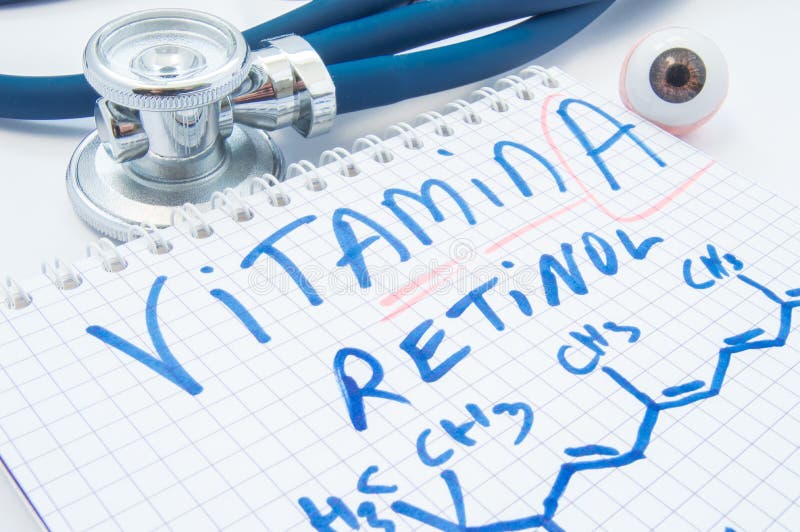 A nota com vitamina da inscrição um Retinol e uma fórmula química é próxima à figura do olho humano e do estetoscópio Valor da vi fotos de stock royalty free A nota com vitamina da inscrição um Retinol e uma fórmula química é próxima à figura do olho humano e do estetoscópio Valor da vi fotos de stock royalty free
